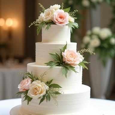 Elegante torta nuziale a più piani decorata con fiori freschi.